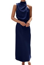 Women  s Elegant Satin Maxi Dress Sleeveless Mock Neck Summer Cocktail Party