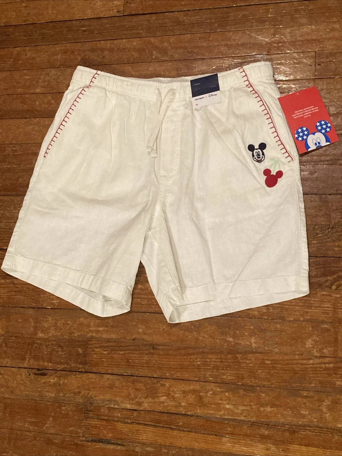 Medium Old Navy x Disney Linen-Blend Embroidered Mickey Pocket White Shorts Mens