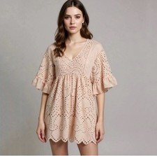 Anthropologie Akemi + Ki Eyelet Boho Fairycore Whimsy Swing Dress Sz 0 peach