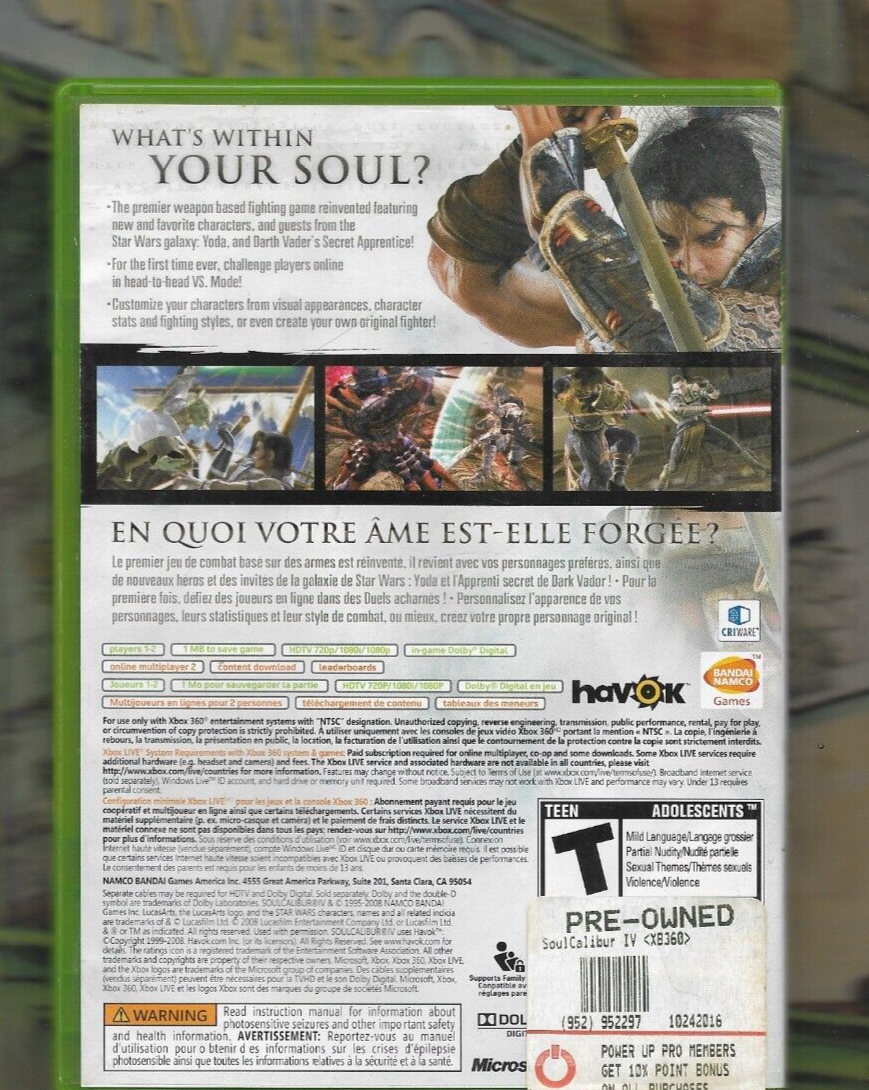 Jeu Xbox 360 SOULCALIBUR IV - Complet Avec Boîtier Et Notice - Bon État
