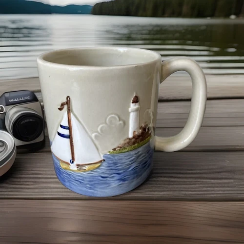 VTG Otagiri Hand Crafted Sailboat Lighthouse Hand Painted Mug Cup Nautical Japan