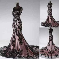 Gothic Mermaid Wedding Dresses Scoop Neck Black Pink Lace Appliques Bridal Gowns