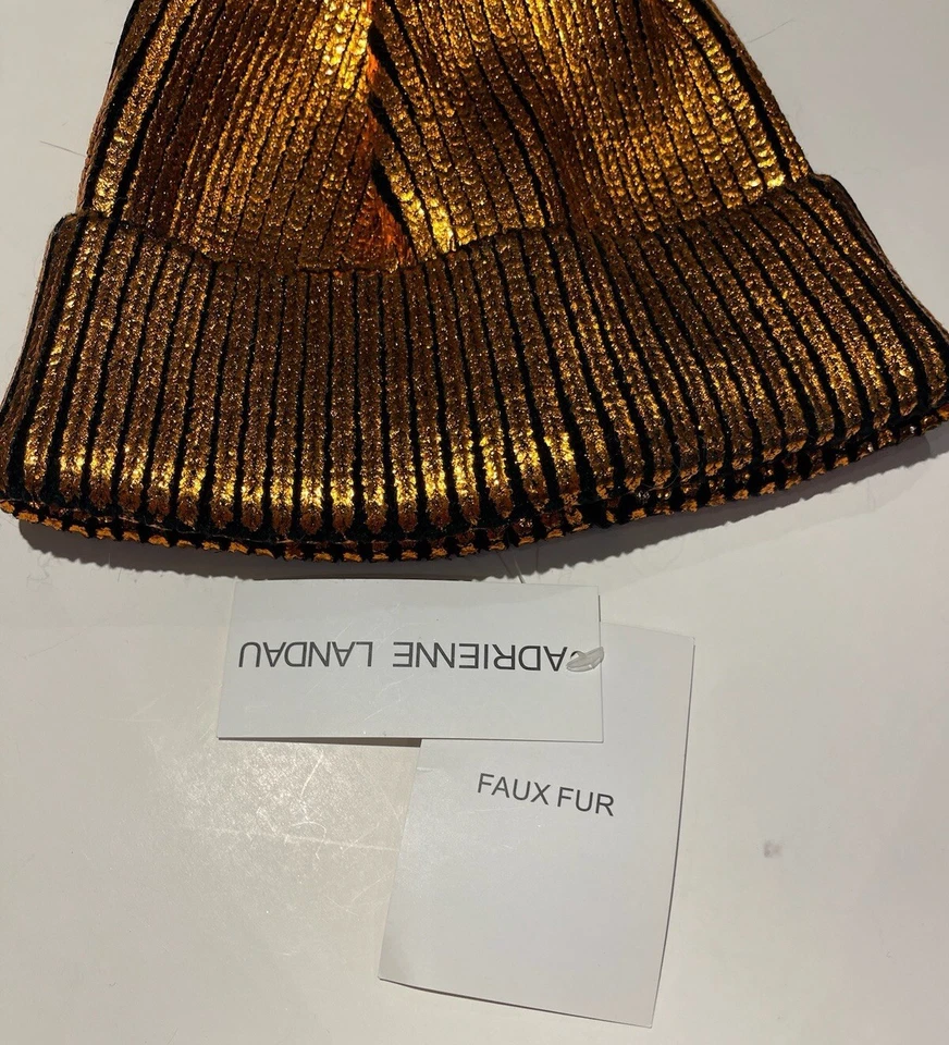 Adrienne Landau 人造毛皮绒球金属橙色豆豆帽 OS 全新带标签 MSRP $75 — 第 3/3 张图片