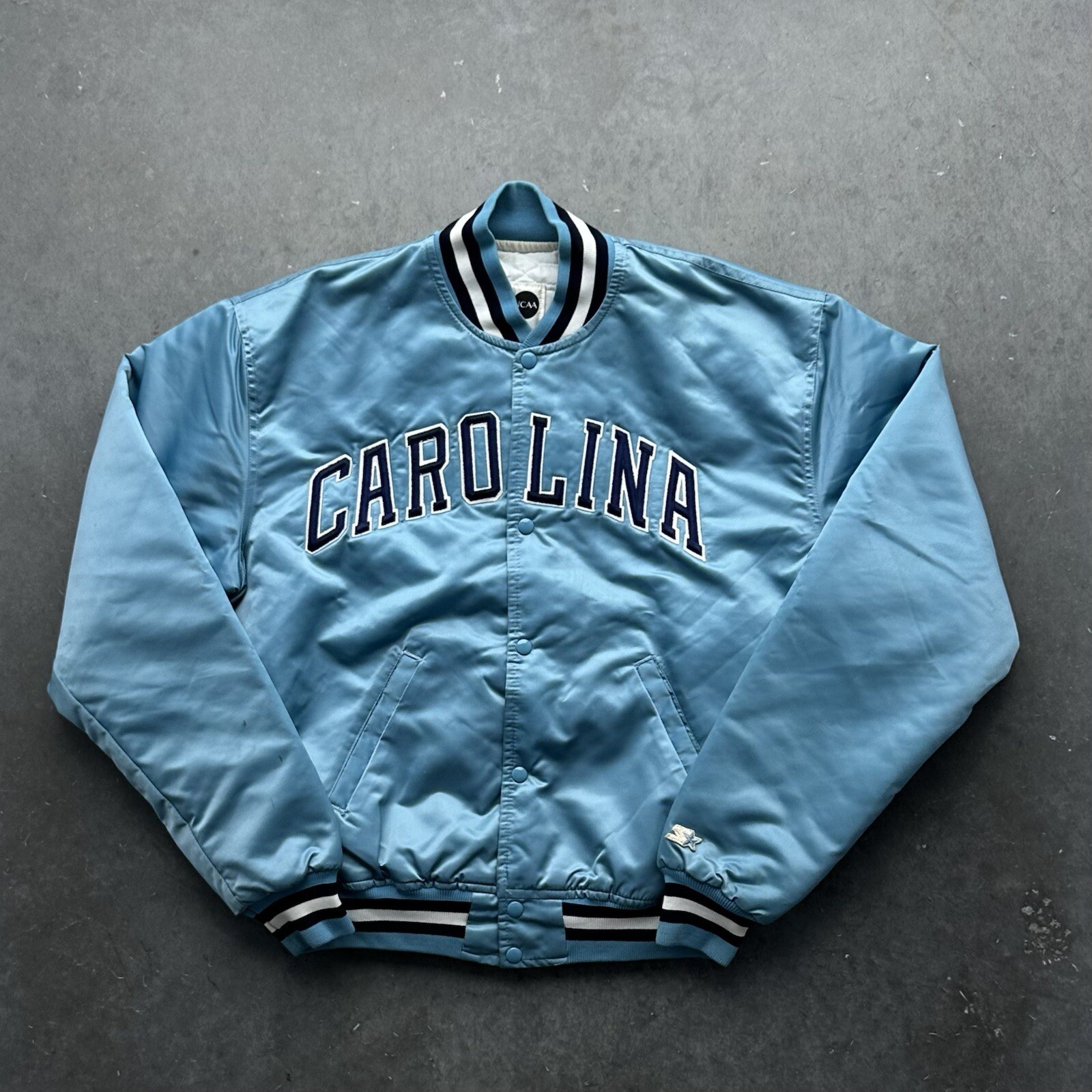 Vintage 80s UNC Tar Heels Starter Satin Bomber Jacket NCAA XL USA