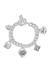 NEW GUESS SILVER TONE,CHAIN,CRYSTAL,HEART,PADLOCK,CLUSTER,MULTI CHARM BRACELET