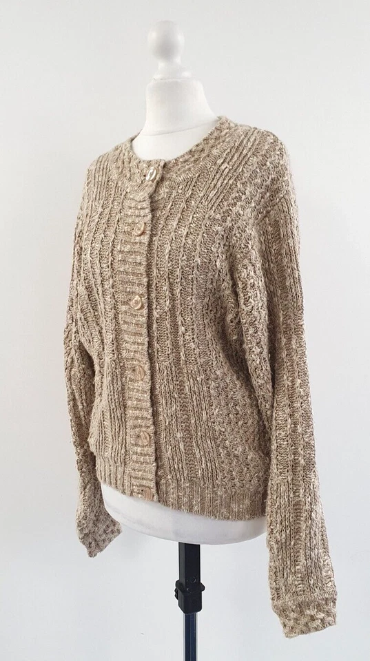 Cárdigan Orvis Talla Pequeña Pequeño Beige Marrón Blanco Cable Grueso Tejido Foto 4 de 4