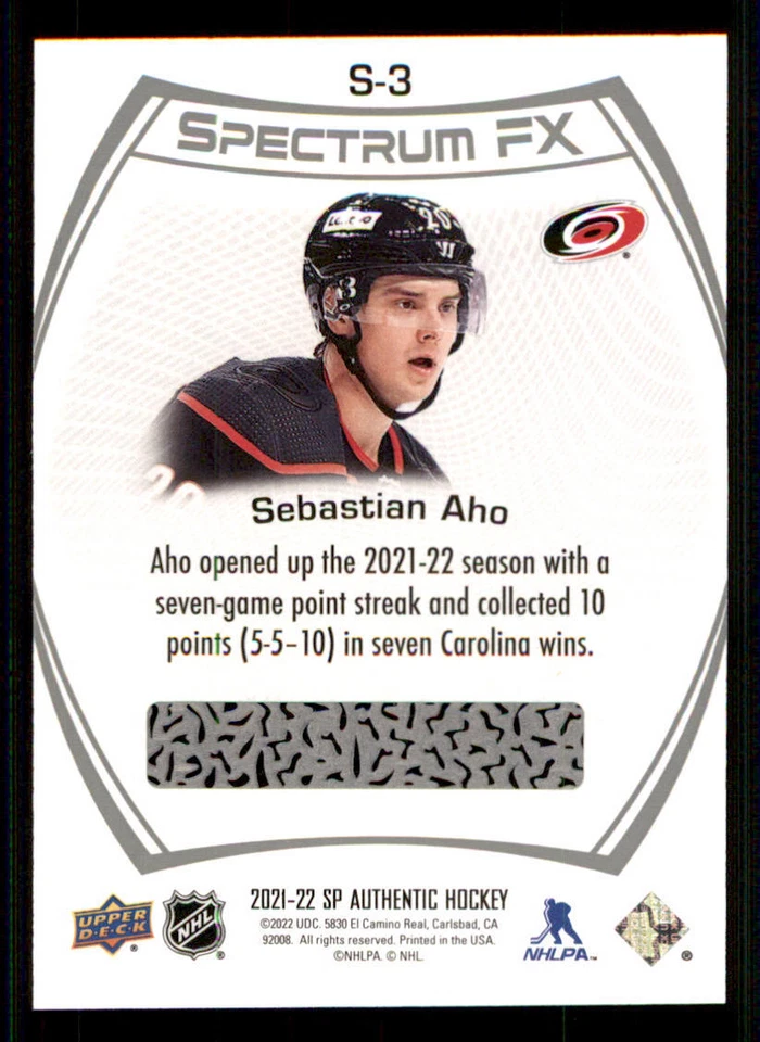 2021-22 SP Authentic Spectrum FX #S3 Sebastian Aho - Image 2 of 2