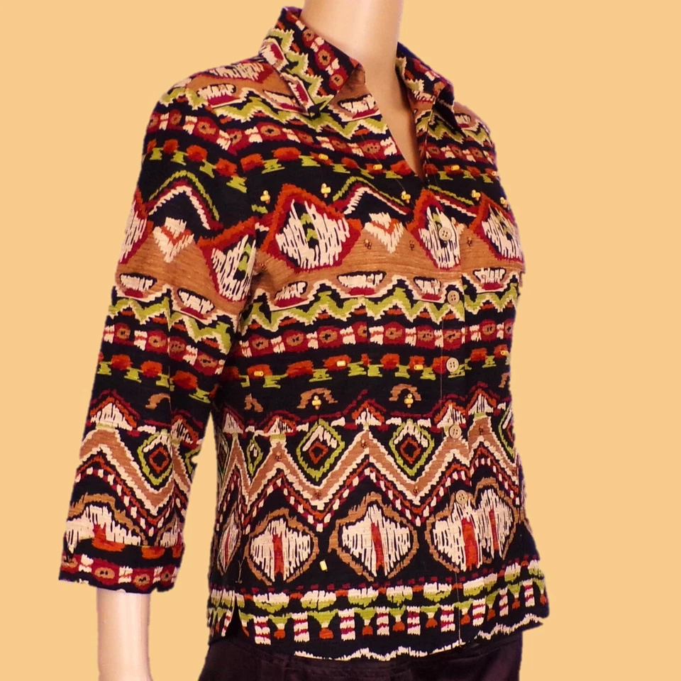 SILK! SILKLAND size S multicolor Aztec-print 3/4-sleeve blouse 100% silk outer - Image 4 of 4