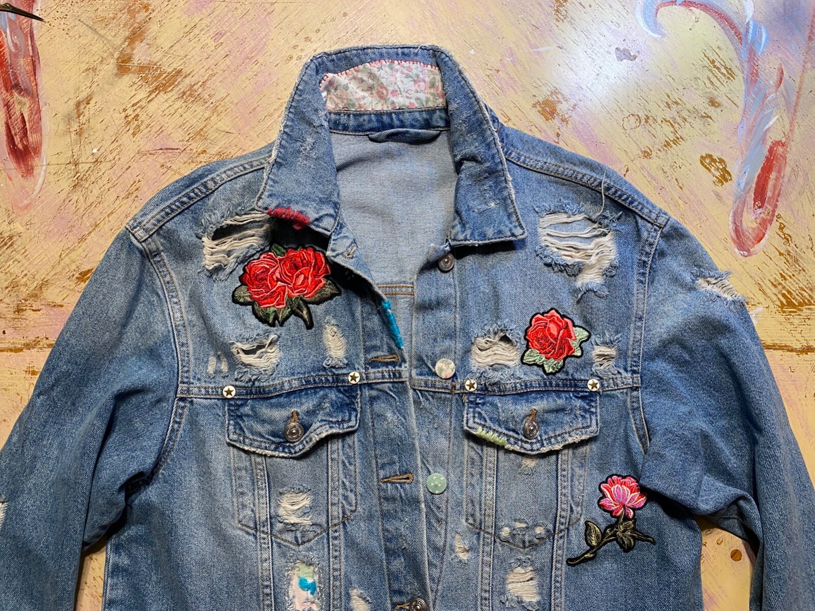 Bershka Vintage Denim Embroidered Jacket (CUSTOM) Women's size L image 8