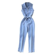 Womens Sleeveless Jumpsuit Straight Leg Casual Button Up with Waistband Workwear