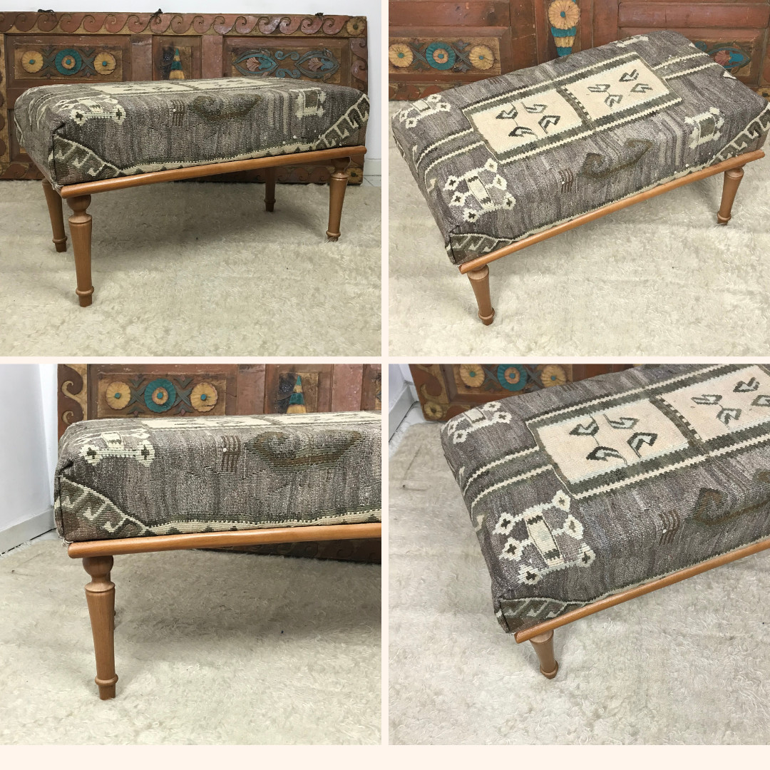 Handmade Kilim Upholstered Ottoman Footstool Piano Entryway Bedroom Bench