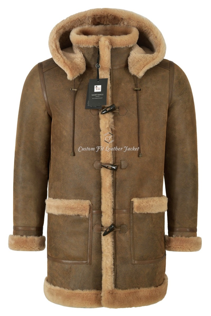 Men's Sheepskin Duffle Coat Hooded 100% Real Shearling Fur Winter
