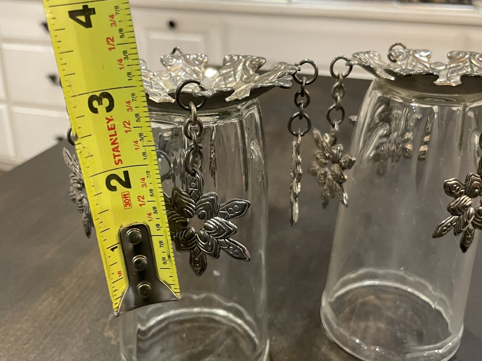 Set of 2 Vintage Silver Tone 3.5" Metal Bobeche Ornate w/ Hanging Snowflakes B77