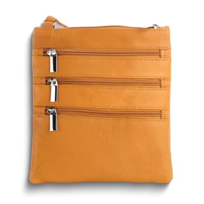 Tan Leather Triple-Zip Multi-Pocket Crossbody Bag with Adjustable Shoulder Strap