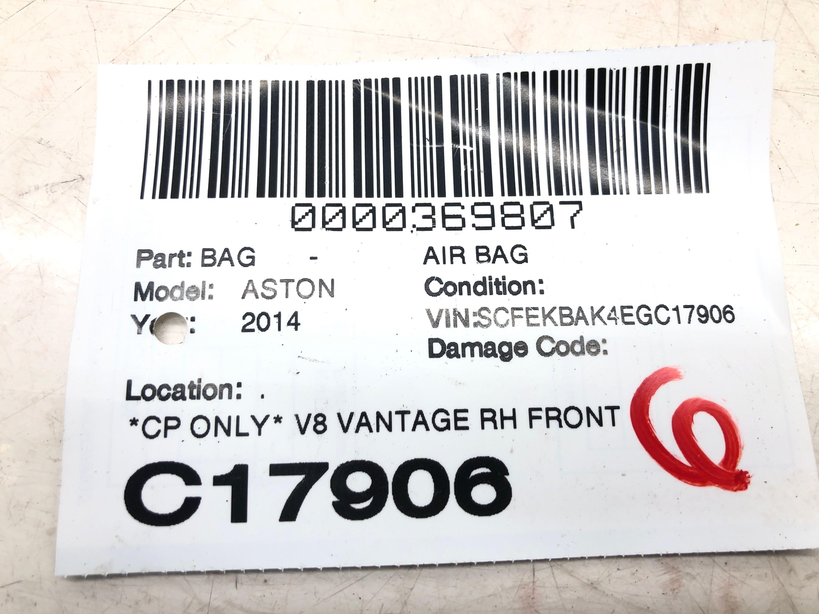 2014 ASTON MARTIN VANTAGE FRONT RIGHT PASSENGER SEAT AIRBAG 6W83-611D11-AC OEM
