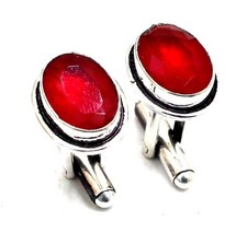 925 Sterling Silver Red Emerald Gem Jewelry Cuff Links For Men Size-1