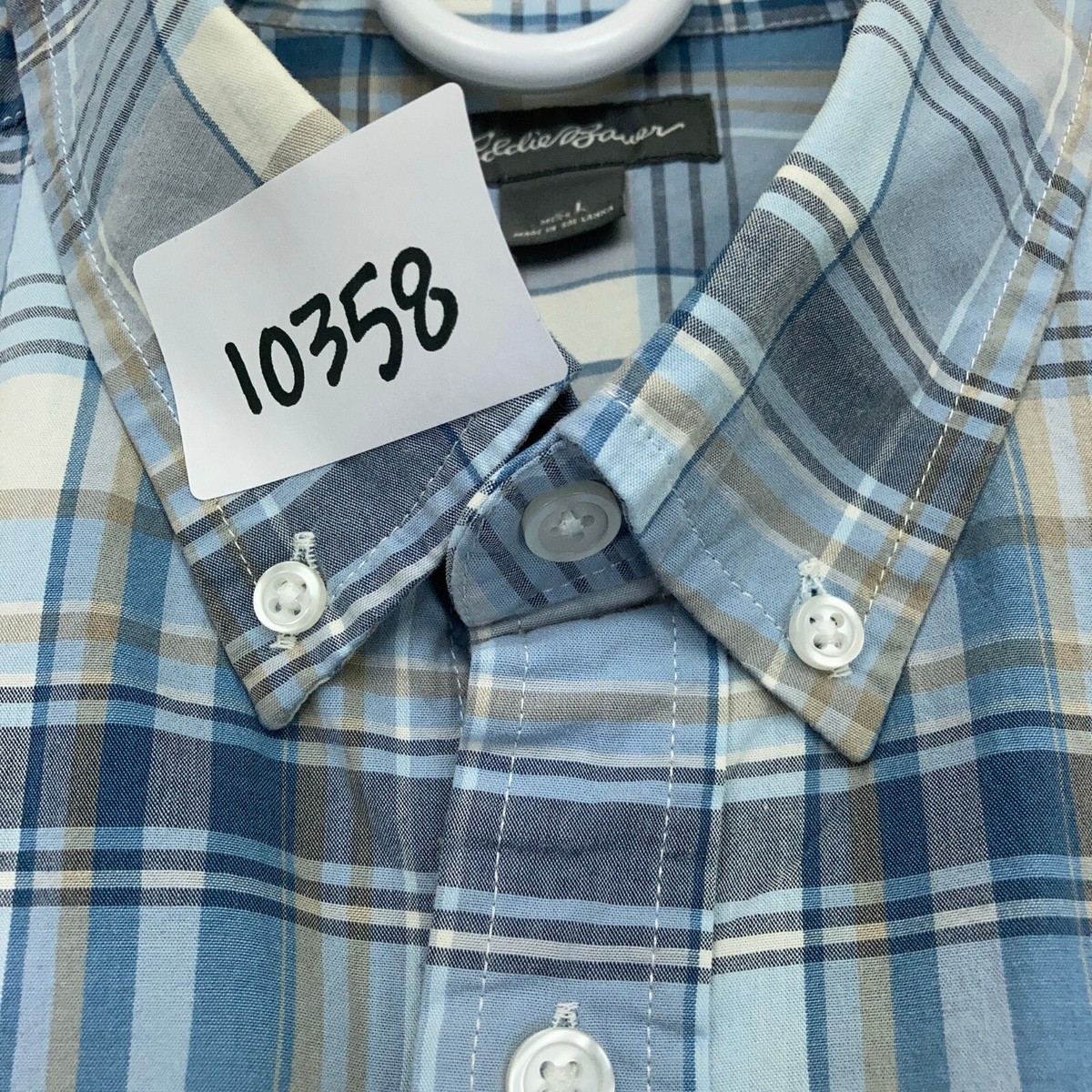 Eddie Bauer Shirt Mens Large Blue Grey Beige Plaid Button Up Long
