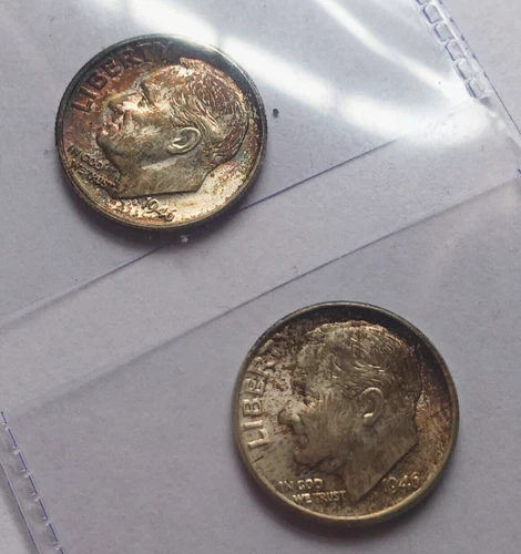 2PC 1946 P ROSEVELT DIMES CH. BU COLORFUL