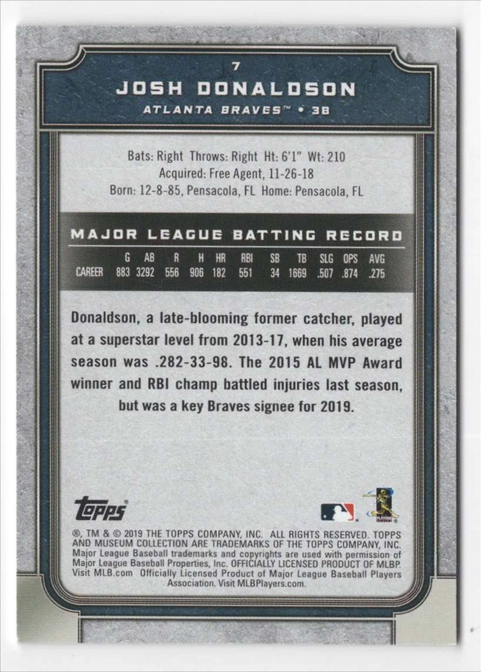 2019 Topps Museum Collection Josh Donaldson #7 Atlanta Braves - Image 2 of 2