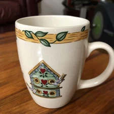 Thompson Pottery Vintage Mug With Birdhouse And Birds Flowers Hand Painted 