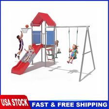 Metal Swing Sets Backyard Playset w/ Slide Treehouse Platform for Kids Outdoor