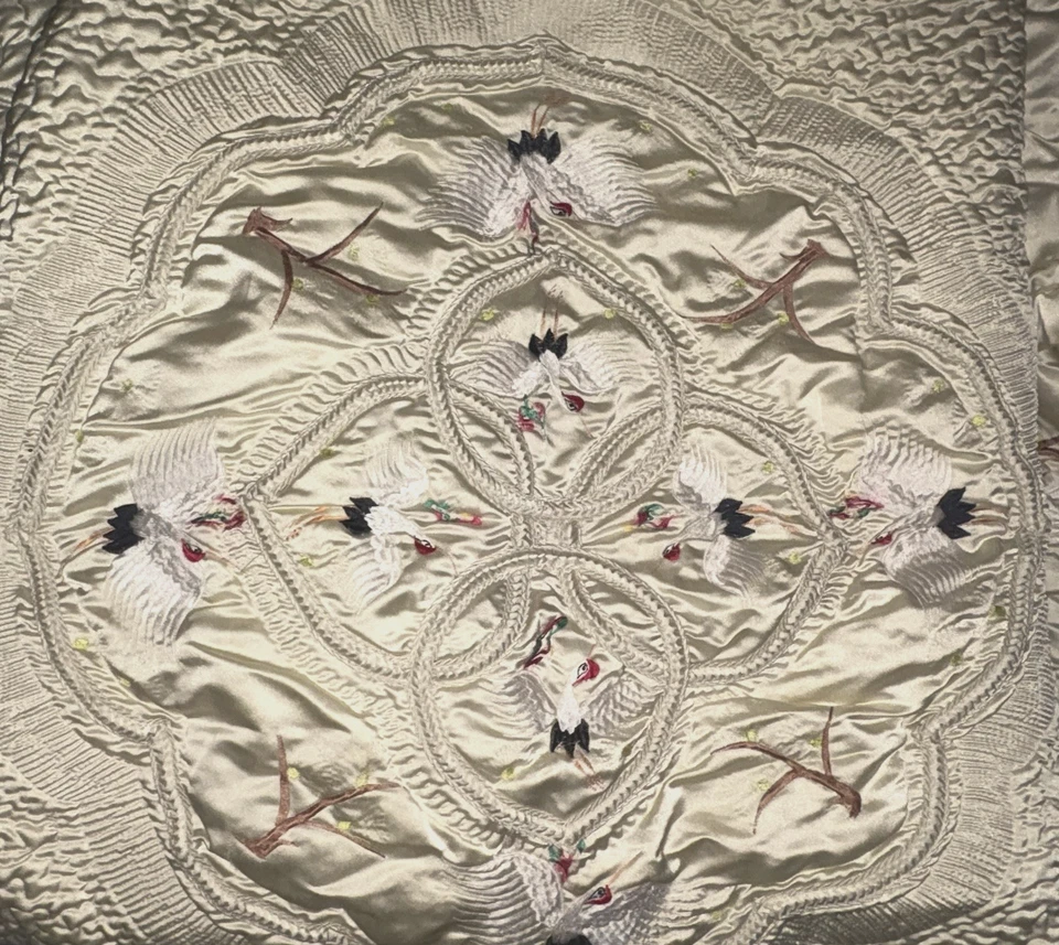 Vintage Ivory Satin Quilted Bird & Branch Embroidered Bedspread Bed Cover 82x101 - Image 3 of 4