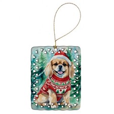 Tibetan Spaniel Holiday Sweater Dog Porcelain Ornament