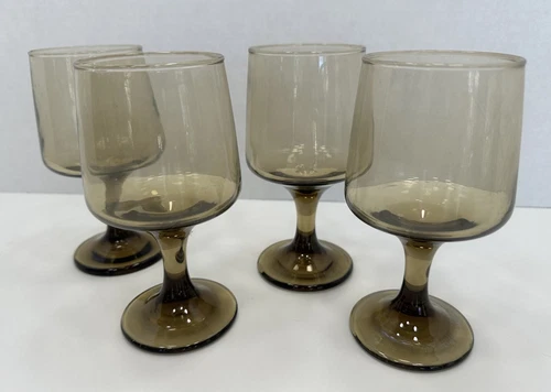 VTG MCM Libbey Smoky Brown Wine Glasses Set Of 4 1970s 5.75” Tall
