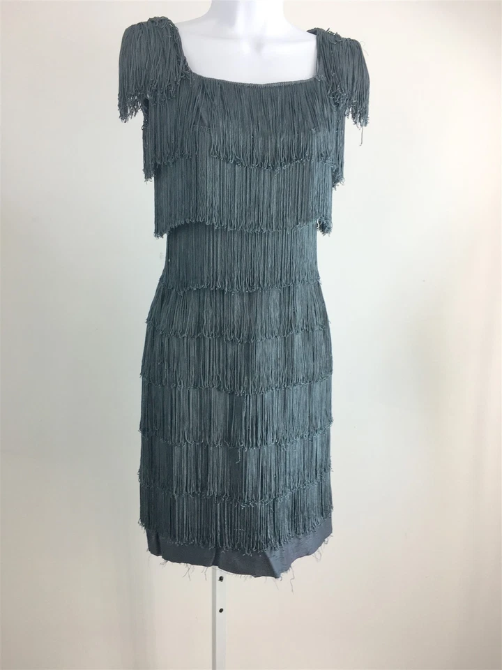 Vintage 1920's Fringe Flapper Dress Gray Low Back Sleevless B-32" W-23" XS-S - Image 3 of 4