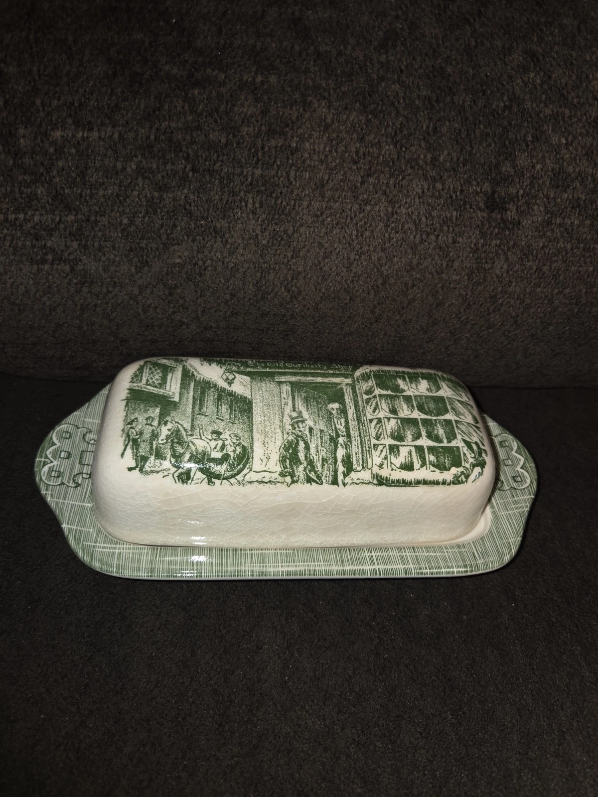 Royal Old Curiosity Shop Green Covered 1/4 lb Butter Dish Tray, Lid Transferware
