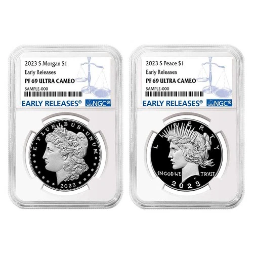 2023-S Proof $1 Morgan and Peace Silver Dollar 2pc Set NGC PF69UC ER Blue Label