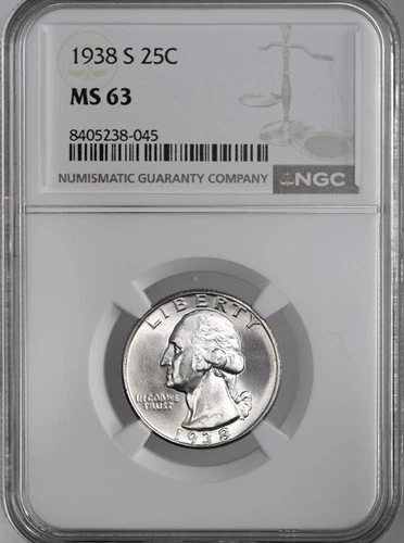 1938-S 25C WASHINGTON SILVER QUARTER SAN FRANCISCO MINT  NGC MS63 #8405238-045