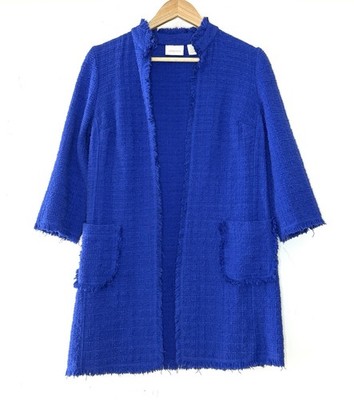 Chico's 0/ S Women Royal Blue Cotton Tweed Mid Length Jacket Coat Coco Pockets
