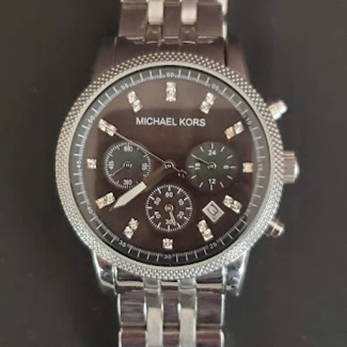 Orologio Michael Kors Jet Set Quadrante Nero Cronografo Tono Argento MK5021 36mm In Scatola