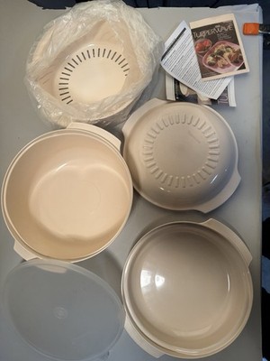 Vtg Tupperware Microwave Stack Cooker Steamer 5 Piece & Book Tupperwave Almond
