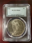 1924 PCGS MS64 Peace Dollar Coin