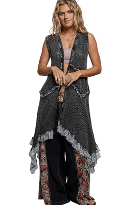 POL Vintage Wash Ruffled Crochet Vest Cardigan sz Small