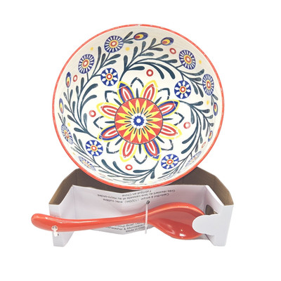 SH Home Sunny Floral Multicolor Ceramic Ramen Bowl 48oz  With Spoon