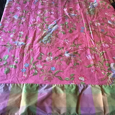 HIGH QUALITY PEACOCK THEME TABLECLOTH 52'' x 52'' CENTER W COORDINATING PLAID TRIM