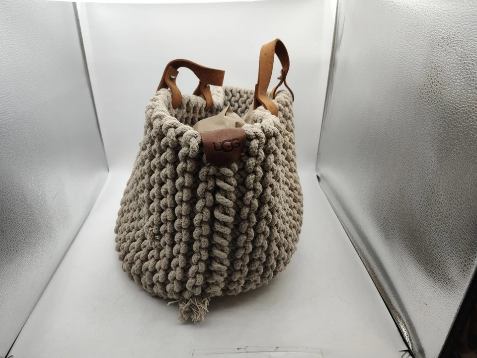 UGG-Rope-Tulum-Big Bag/Tote/Purse-Tan-Woven-Leather Handles 15”X16”-HEAVY-BASKET - Image 2 of 4