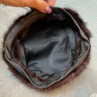 Vintage Genuine Mink Fur Hat Pillbox Dark Brown Satin Lining  display picture 3