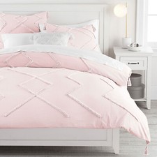 3 Pcs Dusty Rose Duvet Cover Set, Tufted Zigzag Cotton Soft Boho Bedding Set