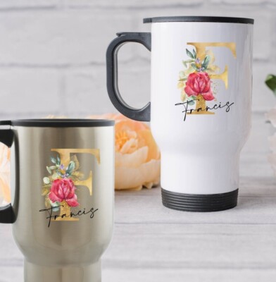 Personalisierter Thermo-Reisebecher mit Blumenmuster Monogramm Tee Kaffee Geschenk