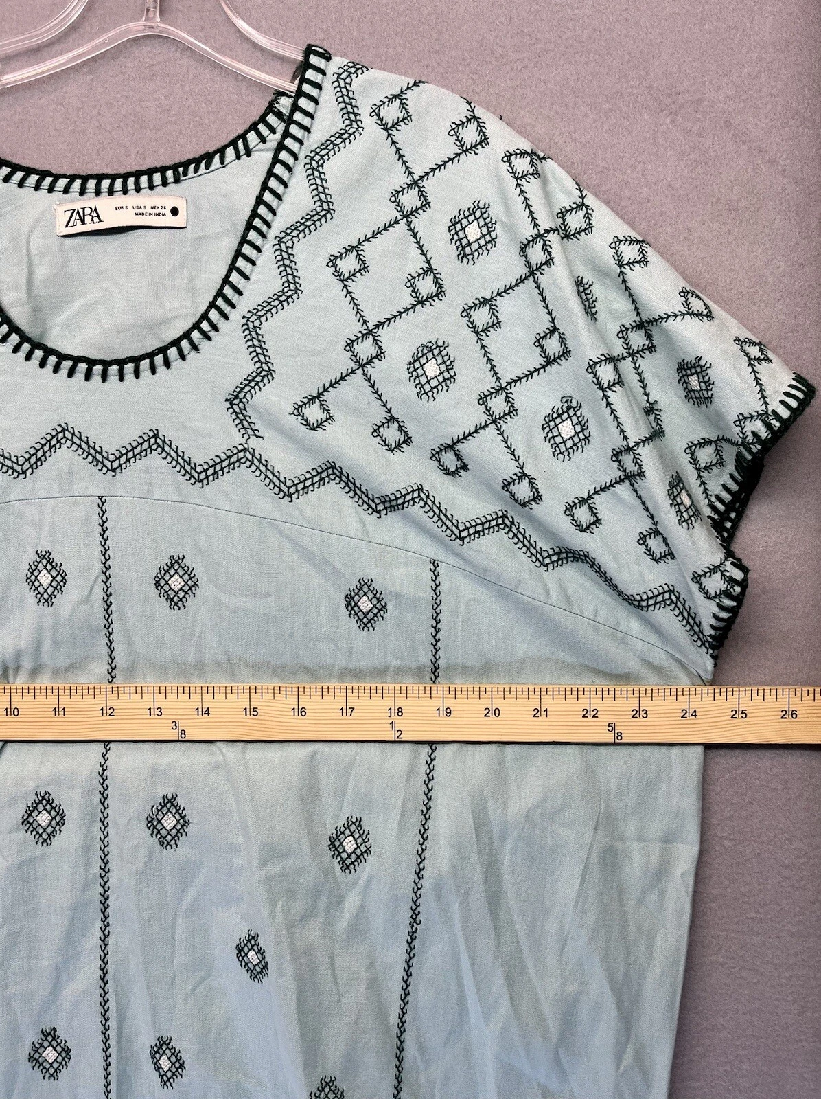 Abito midi Zara donna verde manica corta ricamato sacchetto di carta taglia S