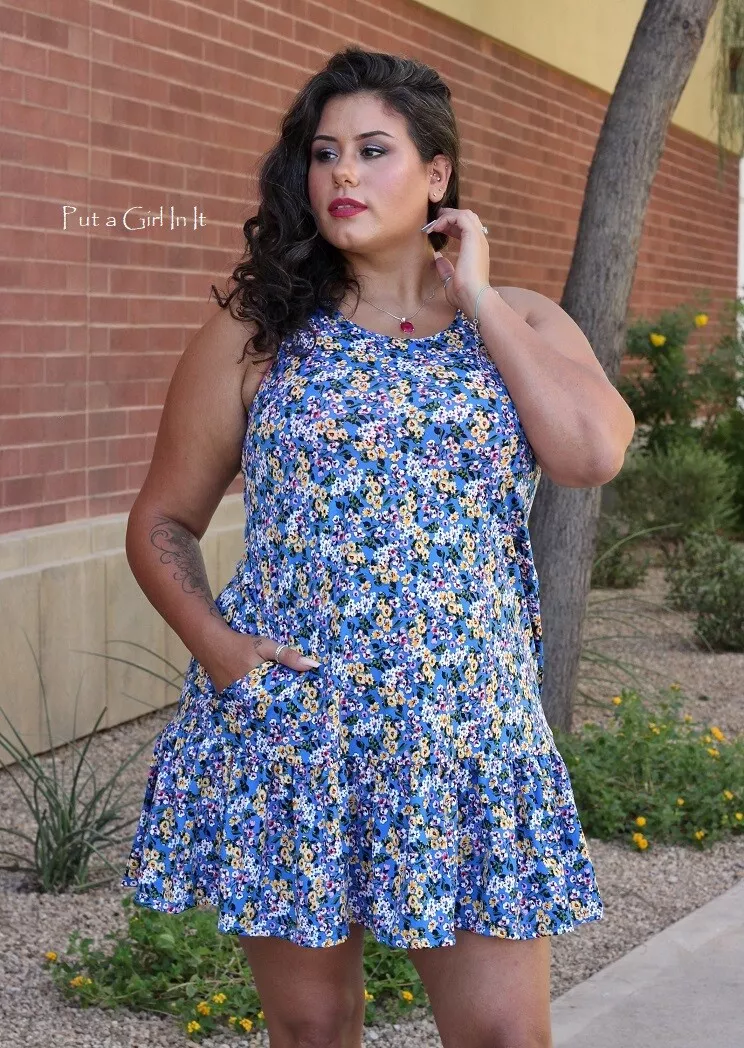 New PLUS SIZE Womens BLUE FLORAL FLOUNCE SLEEVELESS TANK DRESS POCKETS 1X  2X 3X