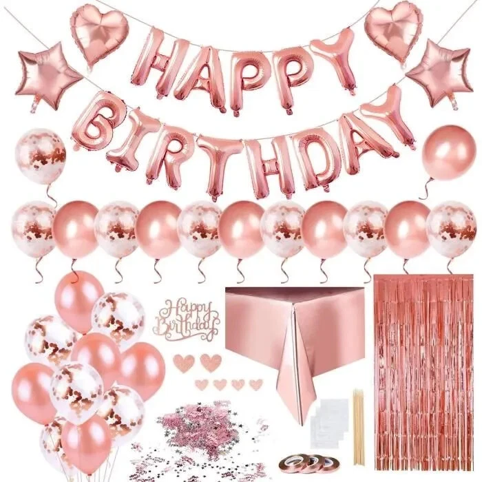 Ballons d'anniversaire Rose - Pack complet avec nappe, colle, confettis, rideau - Photo 1/4