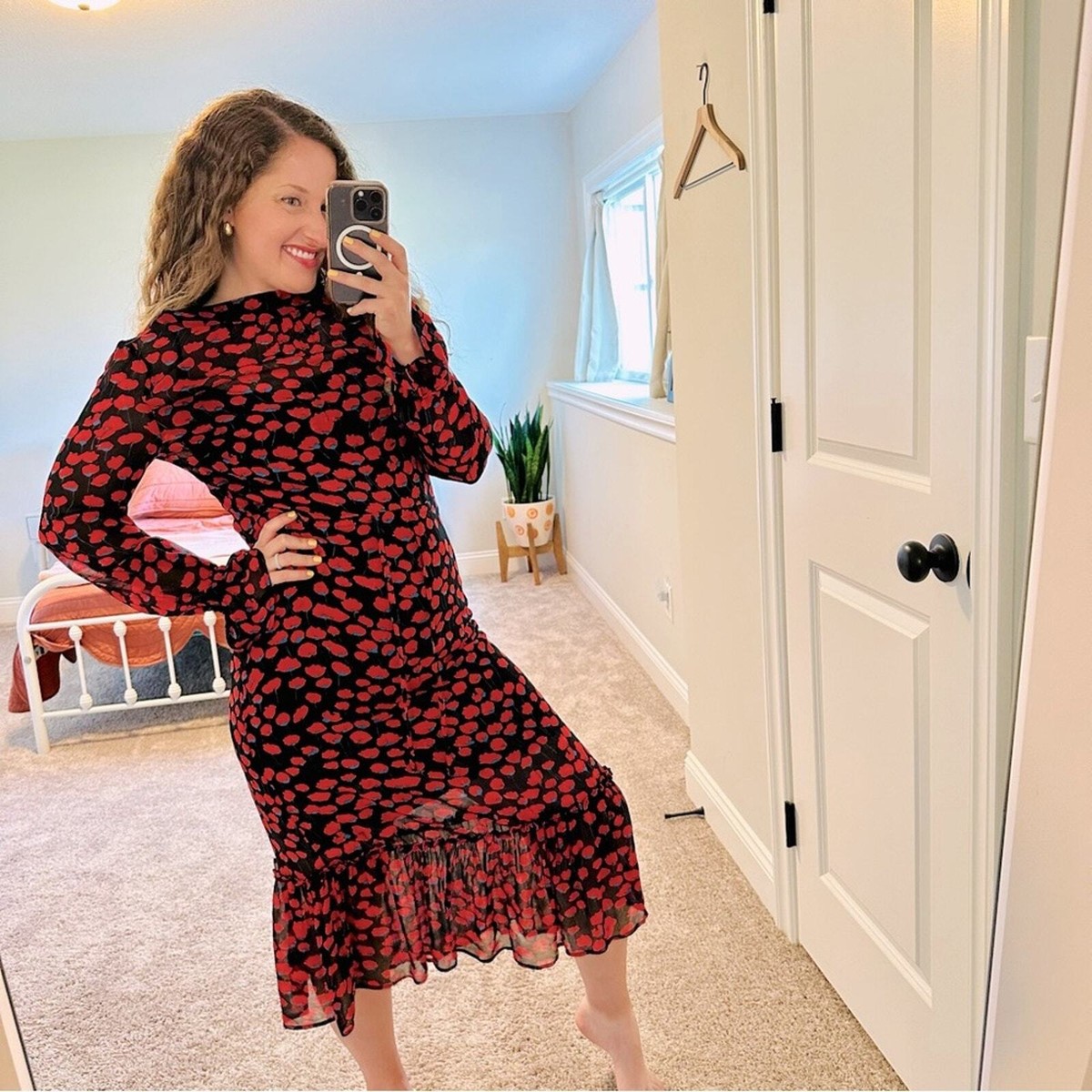 Anthropologie JUST Red Black Floral Long Sleeve Maxi Dress XS