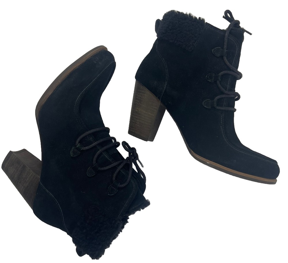 UGG Australia Woman Black Suede Leather Fur Med Stack Heel Tie Up Bootie Shoe 10