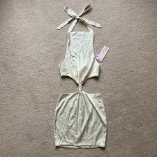 BNWT Oh Polly Kiss Me More Ivory High Neck Cut Out Knot Bodycon Mini Dress UK 6