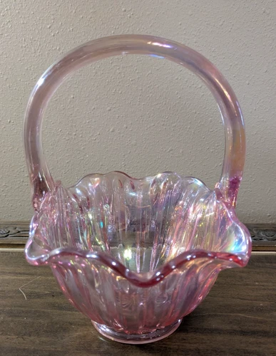 Fenton Pink Rose Glass Opalescent Scalloped Basket